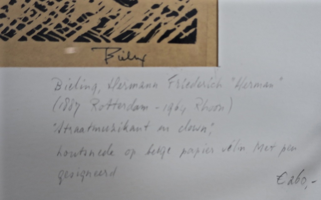Herman Bieling:Houtsnede op papier velin, Straatmuzikant en clown kopen? Bied vanaf 50!