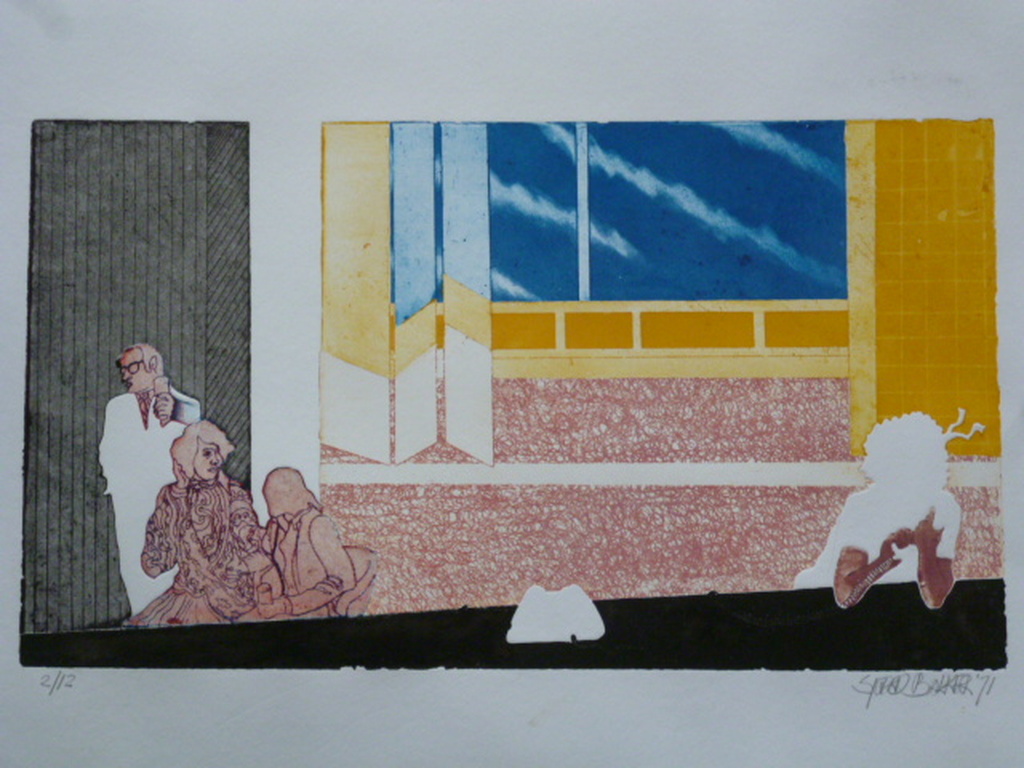 Sjoerd Bakker - kleurenets - Drie personen bij vrouw met telefoonhoorn verkocht voor € 35!