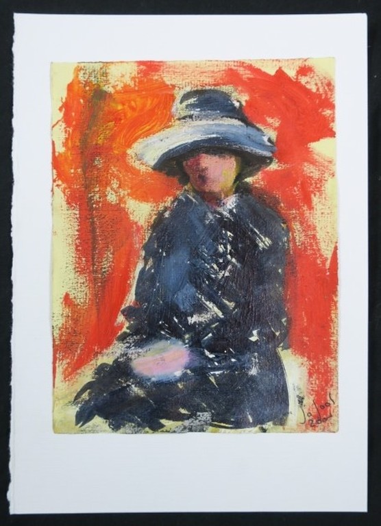Jose van Gool: Acryl op papier, Z.T. Dame met hoed kopen? Bied vanaf 20!