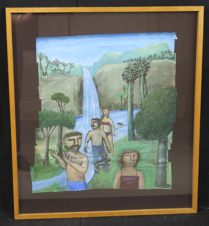 Gorki Bollar: Acryl op collage van papier, Waterval - Ingelijst verkocht voor € 80!