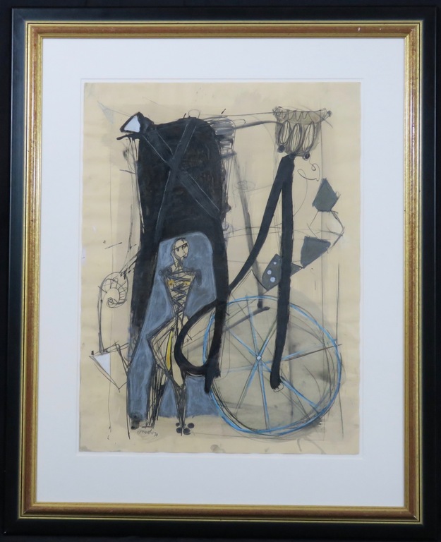 Udo Dziersk: Gemengde techniek op papier, Compositie met figuur - Ingelijst  verkocht voor € 420!