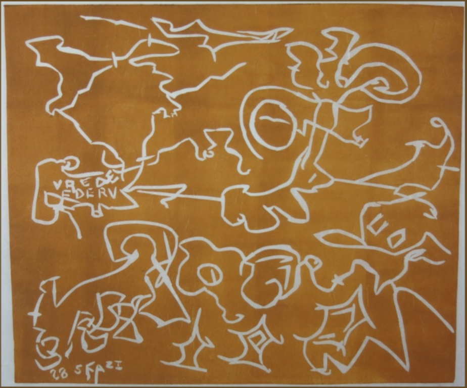 Wim Izaks: Lino op rijstpapier, Vrede oranje (groot) verkocht voor € 35!