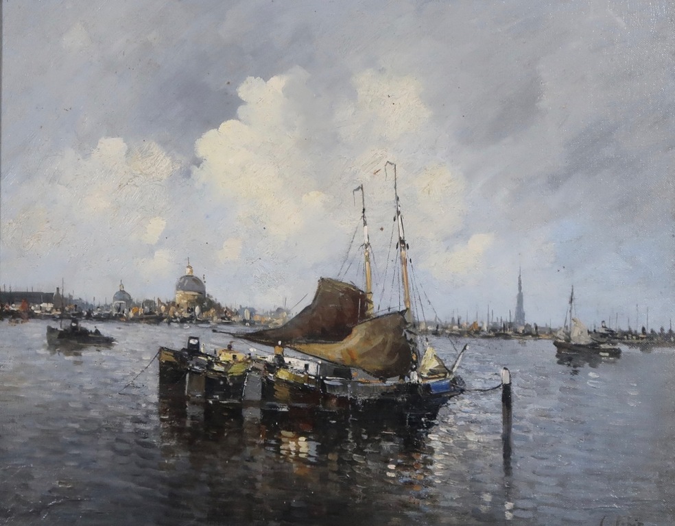 Charles Petit: Olieverf op doek, Afgemeerde platbodems - Ingelijst kopen? Bied vanaf 350!