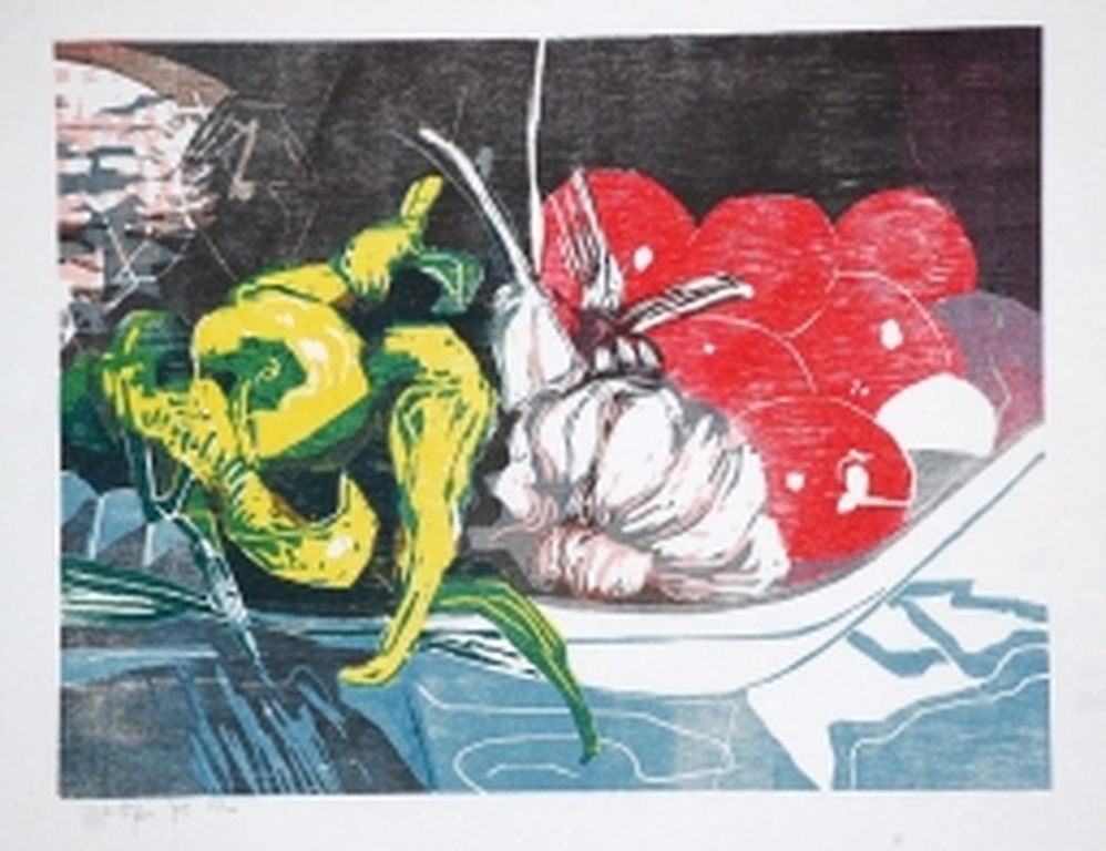 Vincent van Ojen, houtsnede Stilleven met knoflook verkocht voor € 70!