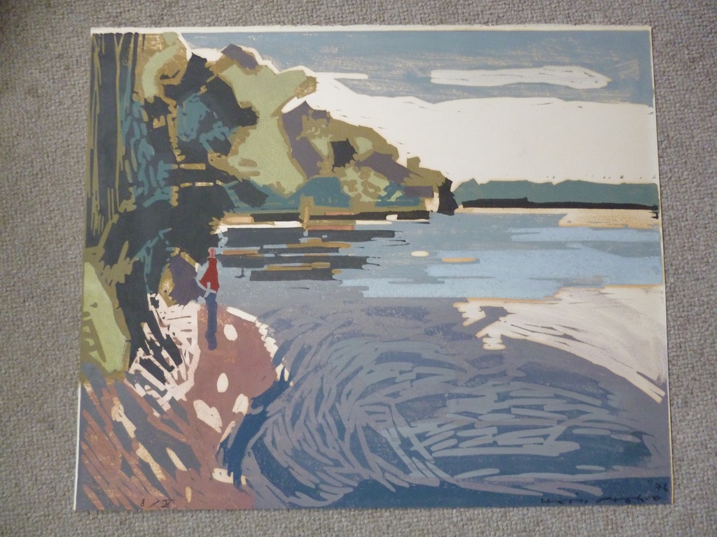 Hein Stork- Kleurenlinosnede-Wandelaar aan de oever van een meer verkocht voor € 125!