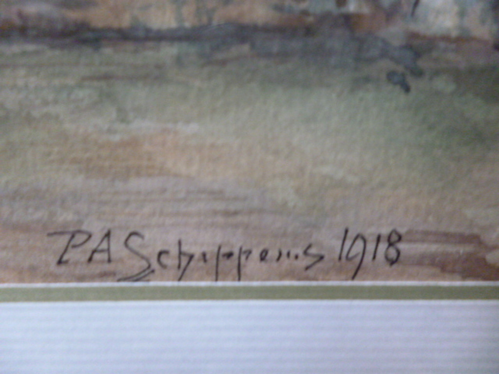 P.A. Schipperus - aquarel - Personen op straat achter kerk kopen? Bied vanaf 225!