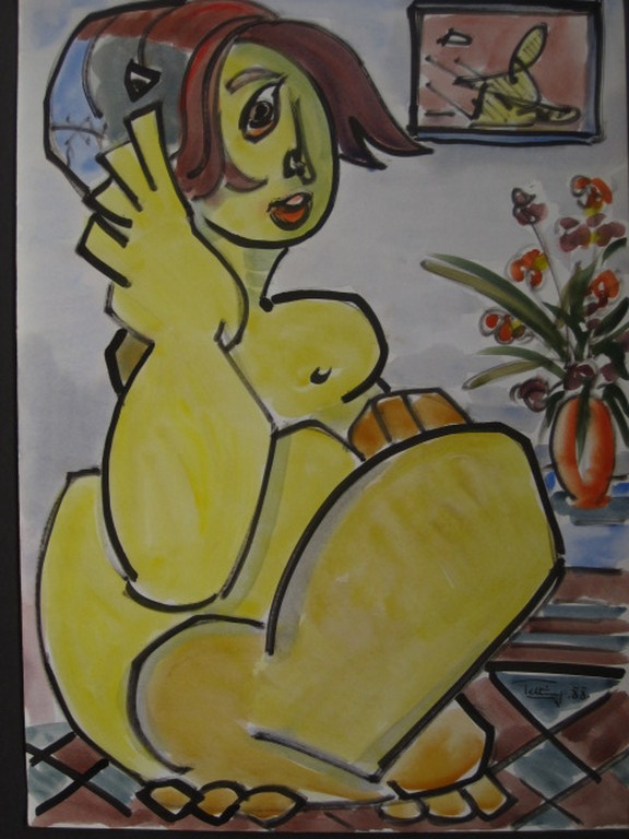 Suriname expressionist Quintus Jan Telting 1931-2003 "naakt met bloemen" gesigd kopen? Bied vanaf 1!