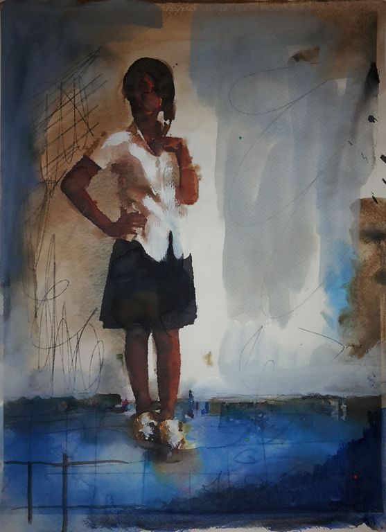 Peter Klashorst - gemengde techniek op aquarel papier - Schoolgirl delight kopen? Bied vanaf 60!