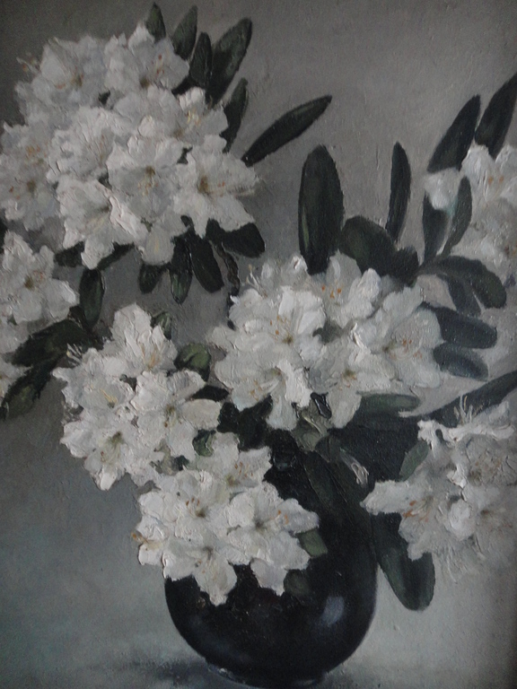 Jan Duyvetter, bloemstilleven met rhododendron in vaas, olieverf op board verkocht voor € 50!