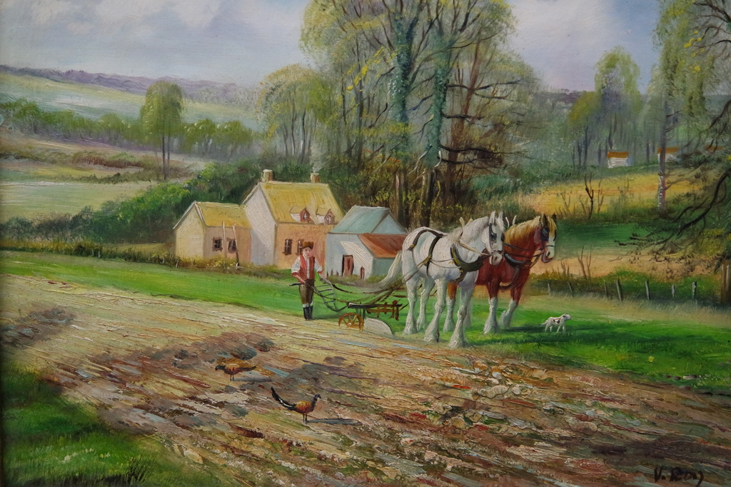 Landschap met ploegende boer - olieverf op paneel - gesigneerd r.o. verkocht voor € 39!