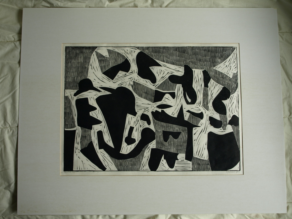 Frans de Boo (1925-1999) : Linosnede, Woelige tijden – gesigneerd – 1983 kopen? Bied vanaf 1!