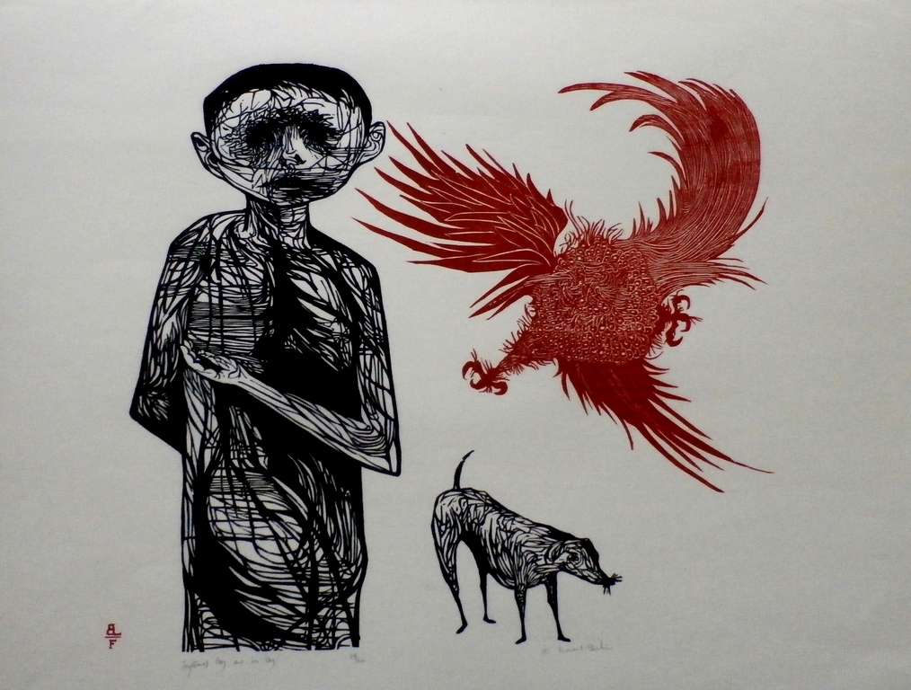 Leonard Baskin - Houtsnede: Frightened boy and his dog - 1955 verkocht voor € 135!