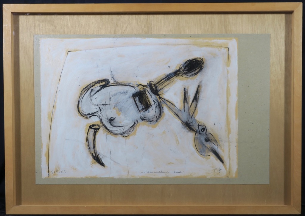 Johan Claassen: Acryl op papier, Uiteenvallende hond - Ingelijst kopen? Bied vanaf 150!