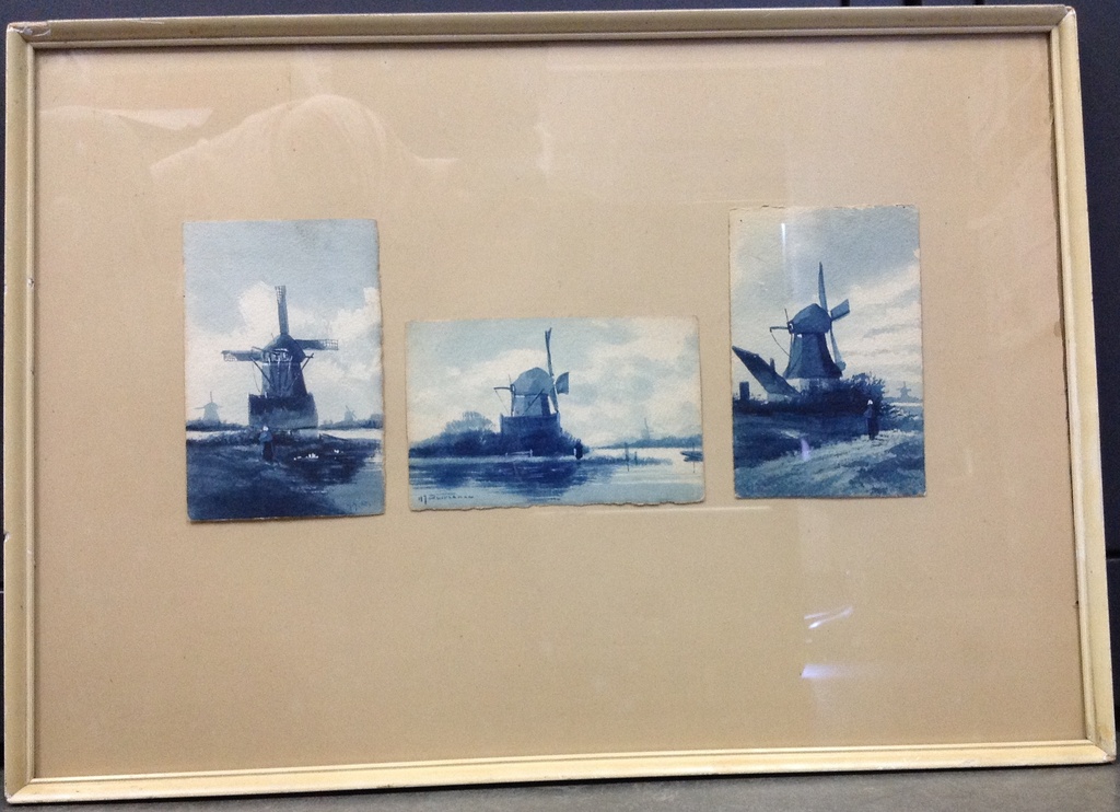 Trio van aquarellen door H.J. Duiverman; molens in blauw-witte tinten kopen? Bied vanaf 45!