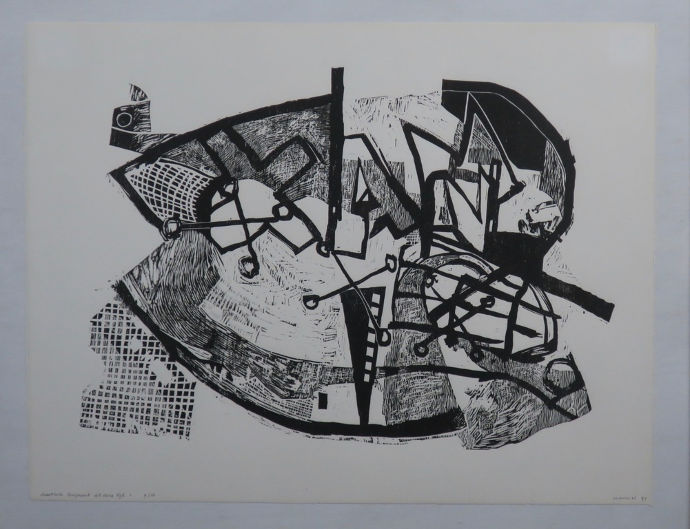 Manuel Kurpershoek: Houtsnede, Chaotisch fragment uit deze tijd -Ingelijst verkocht voor € 35!