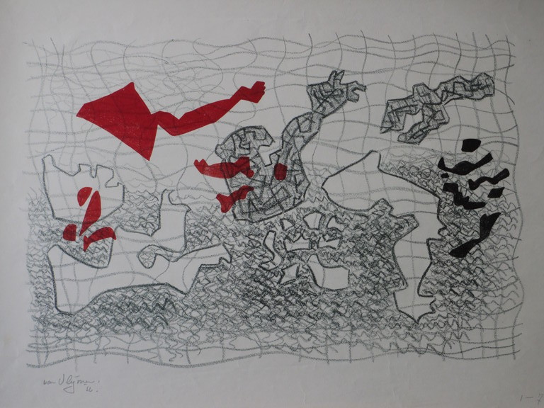 Koos van Vlijmen, Vrije abstracte compositie, Kleurenlitho 1952 verkocht voor € 35!