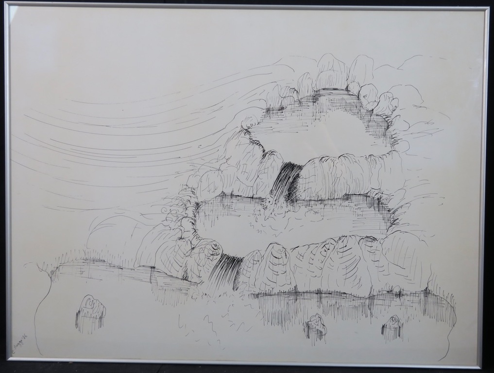 Cornelius Rogge: Pentekening, Watervallen I - Ingelijst (groot) verkocht voor € 40!