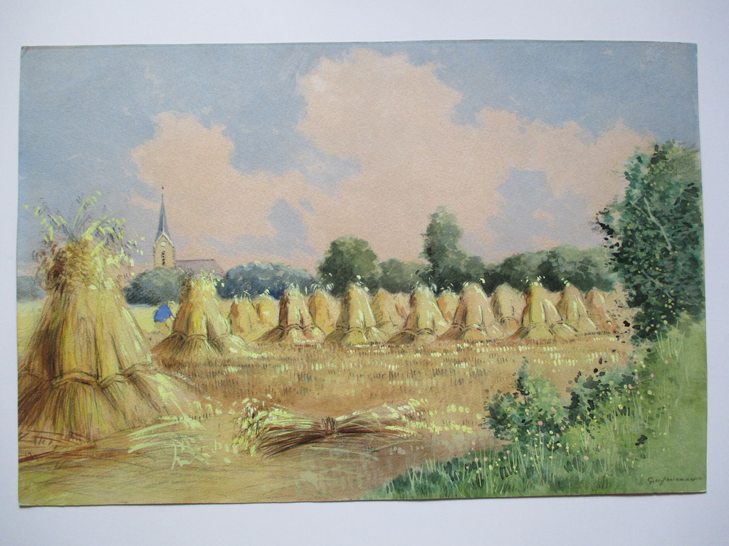 Gerrit van Jeveren, gouache, korenschoven kopen? Bied vanaf 60!