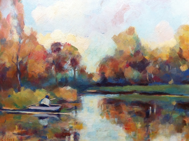 Gerrit de Jong (1905 - 1978), Olieverf op paneel, Herfst aan de Vecht verkocht voor € 175!