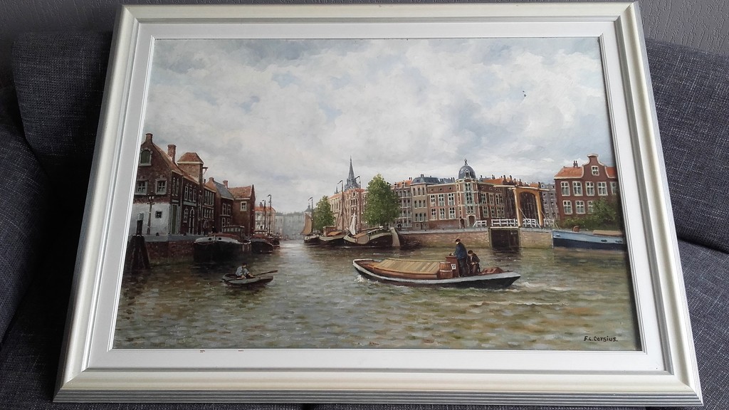 Franciscus Leonardus Corsius - F.L. Corsius, Stadsgezicht met vele boten en personen - Gesigneerd kopen? Bied vanaf 1!