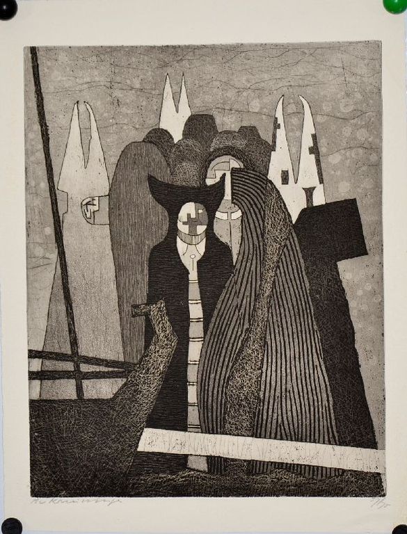Harry van Kruiningen: Mooie ets/aquatint. Figuren verkocht voor € 80!