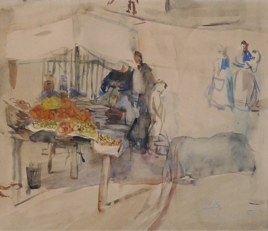 Isaac Israëls, Aquarel, Markttafereel, Gesigneerd. verkocht voor € 1500!