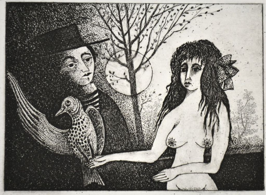 Hans van Draanen: Ets. Figuren met vogel verkocht voor € 35!