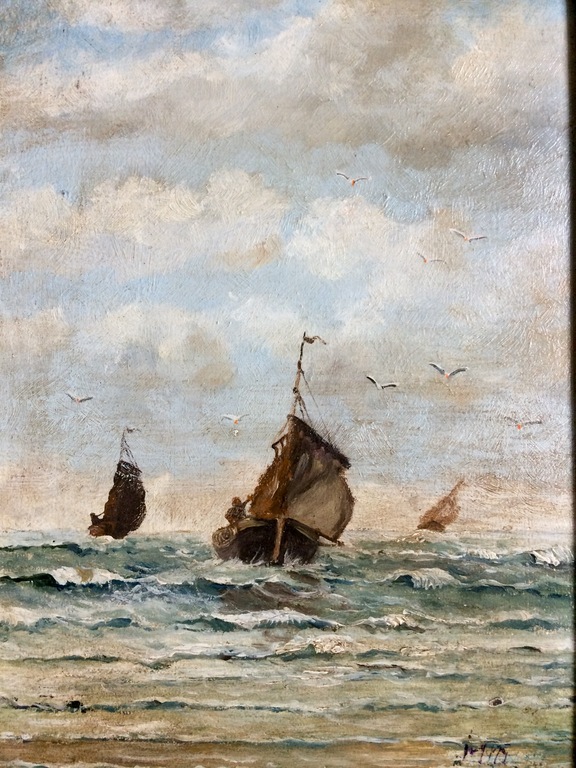 Onbekende kunstenaar: Olieverf op paneel, Vissersboten kopen? Bied vanaf 1!