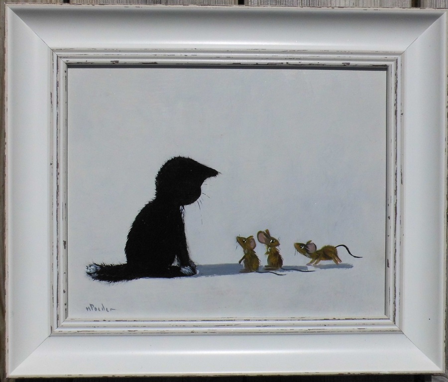 Henk Poeder, Kitten met muisjes, Olieverf op paneel verkocht voor € 49!