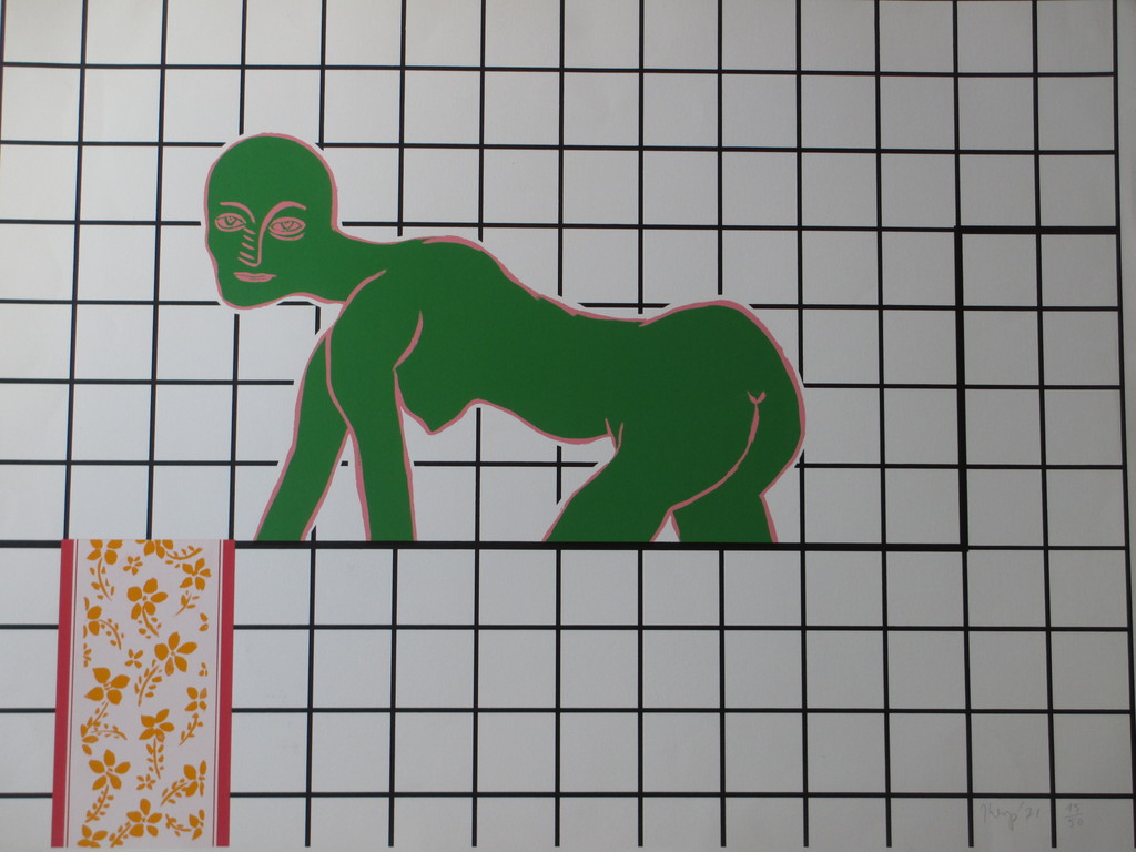 Hans Wap, Groene dame in geblokt veld, Kleurenlitho verkocht voor € 40!