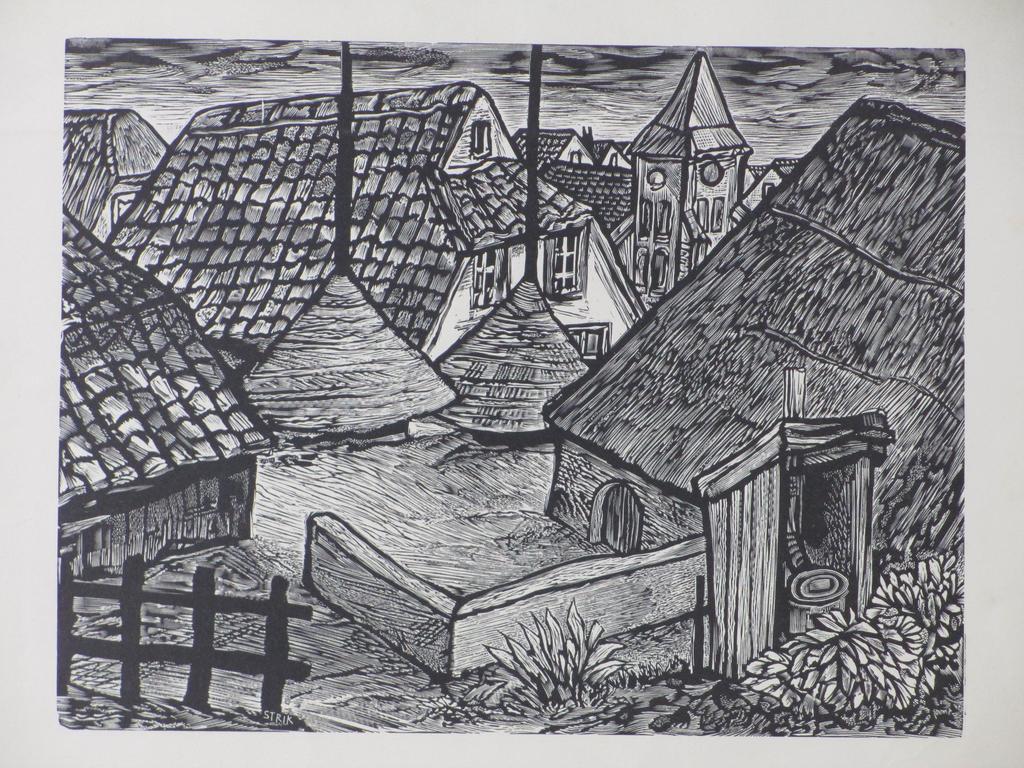 Lou Strik, Dorpsgezicht met hooibergen, Houtsnede kopen? Bied vanaf 1!