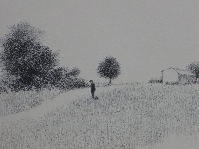 Metten Koornstra, Figuur in surrealistisch landschap. Litho kopen? Bied vanaf 50!