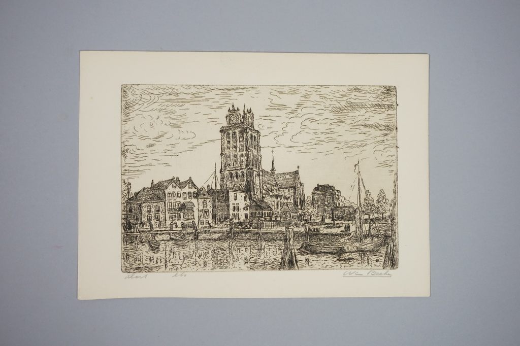Wim Beeke - ets - Stadgezicht Dordrecht met de Grote Kerk en haven  kopen? Bied vanaf 15!