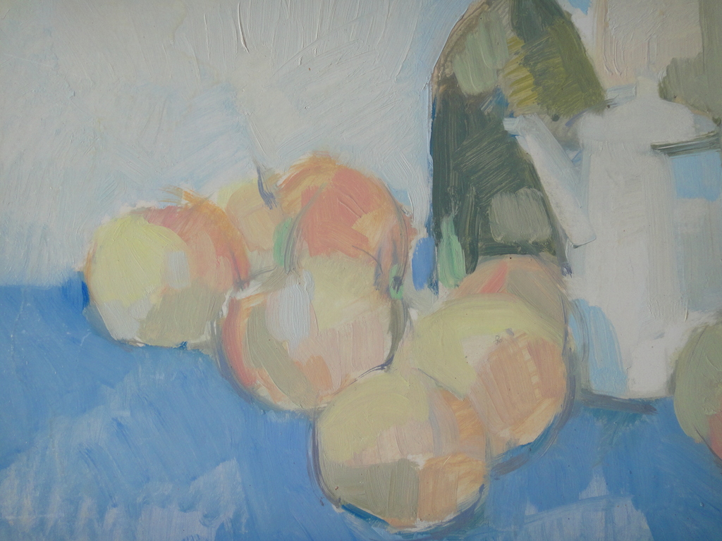 Jan Verheijen, olieverf op board, stilleven met fruit, flessen en theepot kopen? Bied vanaf 1!