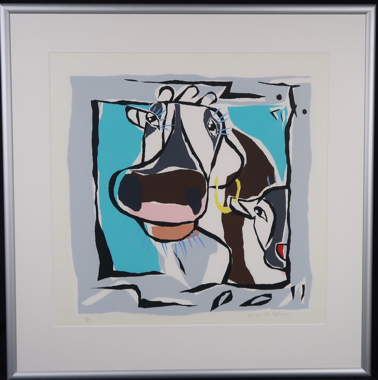 Jeroen Gerlofsma: Zeefdruk, Koe met kalf - Ingelijst kopen? Bied vanaf 1!