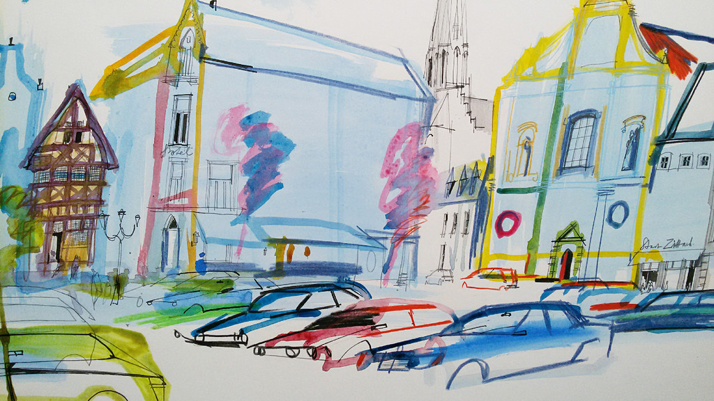 Guus van Eck - Markt in Sittard, gemengde techniek op papier kopen? Bied vanaf 150!