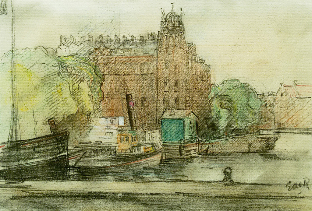 Gezicht op het Scheepvaarthuis te Amsterdam - Tekening (prachtig ingelijst) verkocht voor € 61!