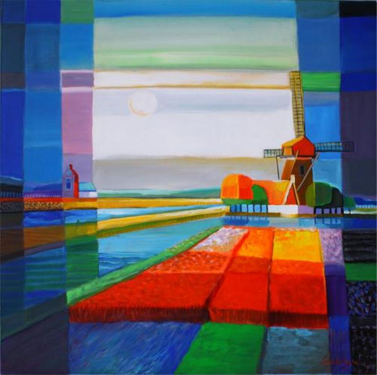 LONY WING, Titel : Tulpenbollenveld met Molen, Origineel werk op schilderslinnen kopen? Bied vanaf 295!