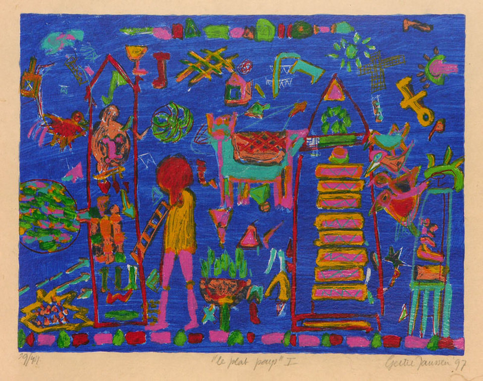 GERTIE JANSSEN(1947-) Gr.Litho(80x60cm)  LE PLAT PAYS I  uit 1997 Handgesigneerd kopen? Bied vanaf 65!