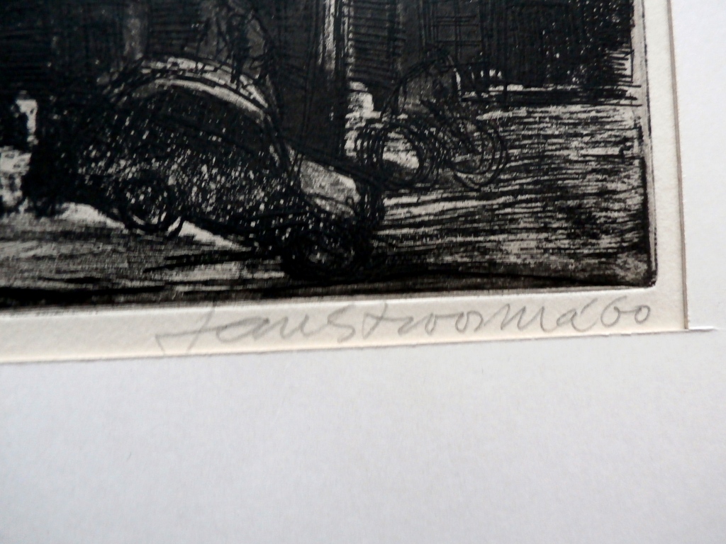 Jan Stroosma, aquatint: Amsterdam Oudekerksplein (Wallen), handgesigneerd, 1960 kopen? Bied vanaf 70!