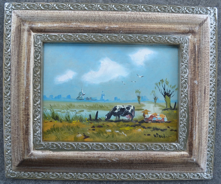 Henk Poeder (1964) - Olieverf op paneel - Hollands landschap met koeien kopen? Bied vanaf 20!