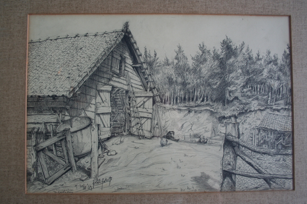 J.D. SCHERFT (1891-1969), tekening, schaapskooi o/d Zijpenberg verkocht voor € 60!