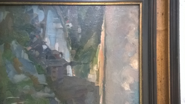 Nicolaas van der Waay 1855-1936 olieverf op paneel.  Stadsgezicht Dinant België  verkocht voor € 250!