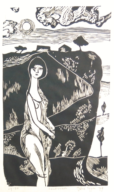 Gene Eggen: Houtsnede, Vrouw in landschap kopen? Bied vanaf 1!