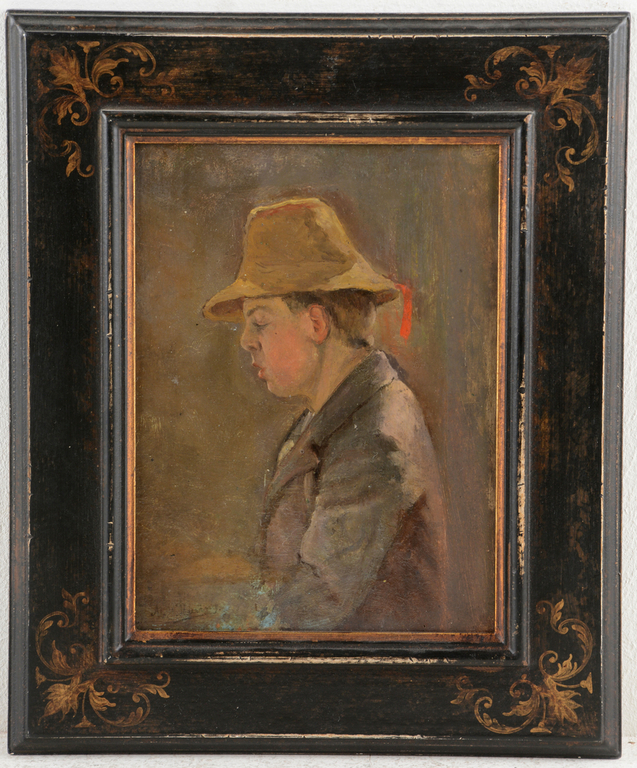 Haagse school, olieverf op karton, jongen met hoed, onduidelijk gesigneerd verkocht voor € 150!