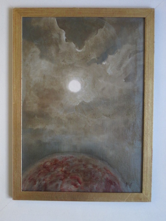 boeiend OUD olieverf schilderij "Maan & Aarde" monogram RW (Roelf Westra ?)  kopen? Bied vanaf 1!