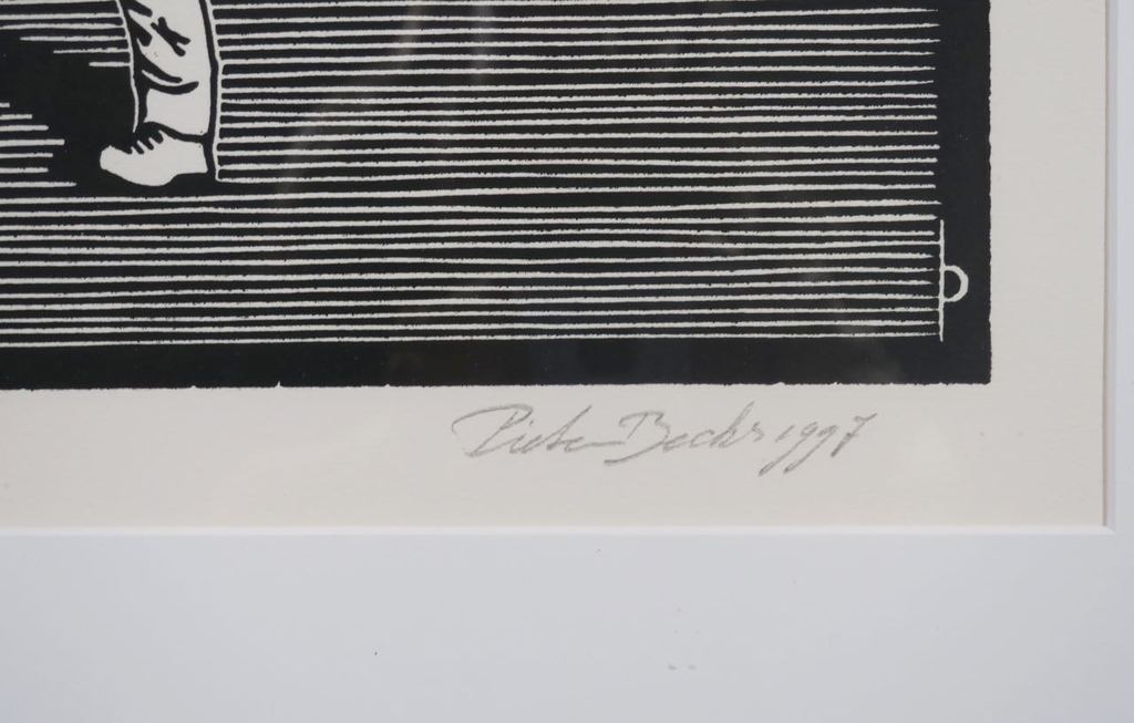 Pieter Becks: Houtsnede, Hond en ik II - Ingelijst kopen? Bied vanaf 20!