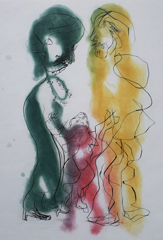 Ger Lataster - Man, vrouw en kind, droge naald ets met aquatint (zeer groot) verkocht voor € 250!