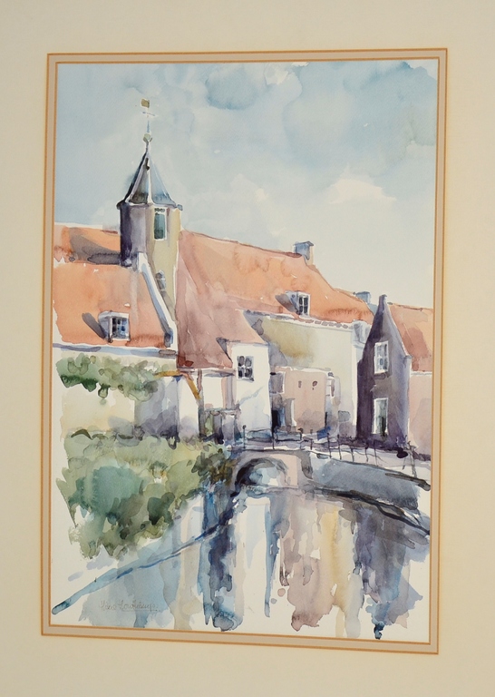 Hans Houtkamp: Grote Aquareltekening 'Dorpsgezicht' kopen? Bied vanaf 1!