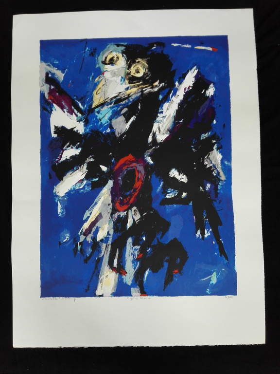 Charlotte Molenkamp, zeefdruk op papier, Titel: vogel in blauw kopen? Bied vanaf 75!